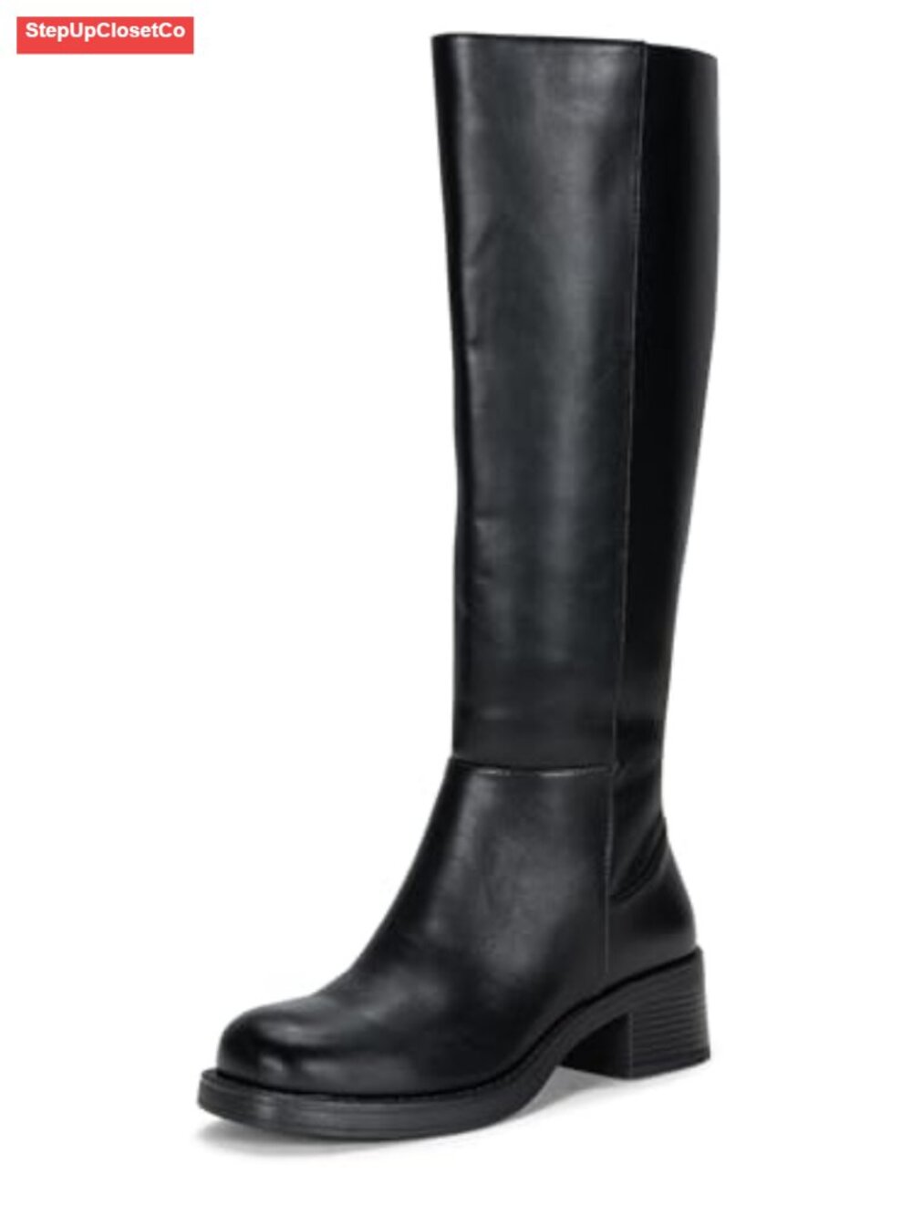 Women's Square Toe Platform Knee High Boots, Faux Leather Side Zip Tall Riding